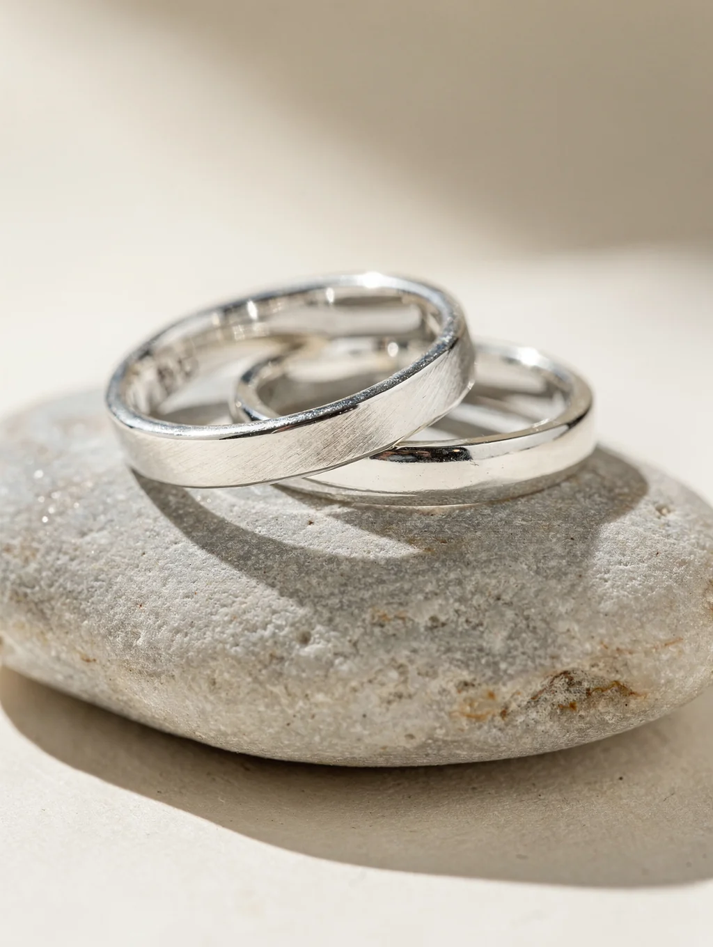 Model wearing sculptural handmade sterling silver rings and cuff bracelets