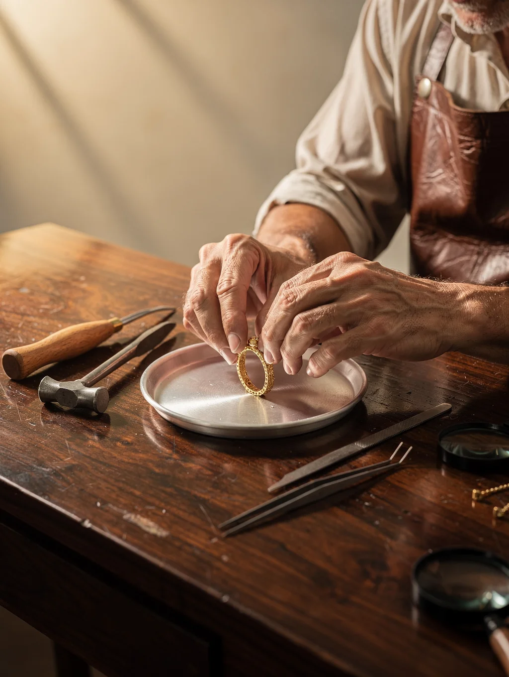 Master silversmith shaping precious silver on an anvil with traditional hand tools